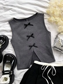 Soleia Damen Lässig Urlaubs-Jacquard Vintage zerrissenes graues gestreiftes Gewebe mit Front- und mittleren Schlitzen, Schleife verziertes Trägertop