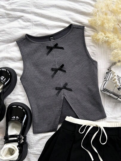 Soleia Top tipo tanque con abertura delantera y central, decoración con lazo, de tela estampada con rayas retro gris en estilo vintage casual para vacaciones