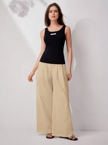 Mulvari Women's Casual Solid Color Wide Leg Pants - Beige - View 5
