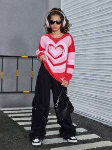 SHEIN Explorewe 女童圆领长袖心形装饰套头衫，3D 渐变装饰秋冬上衣 - 彩色 - 查看 5