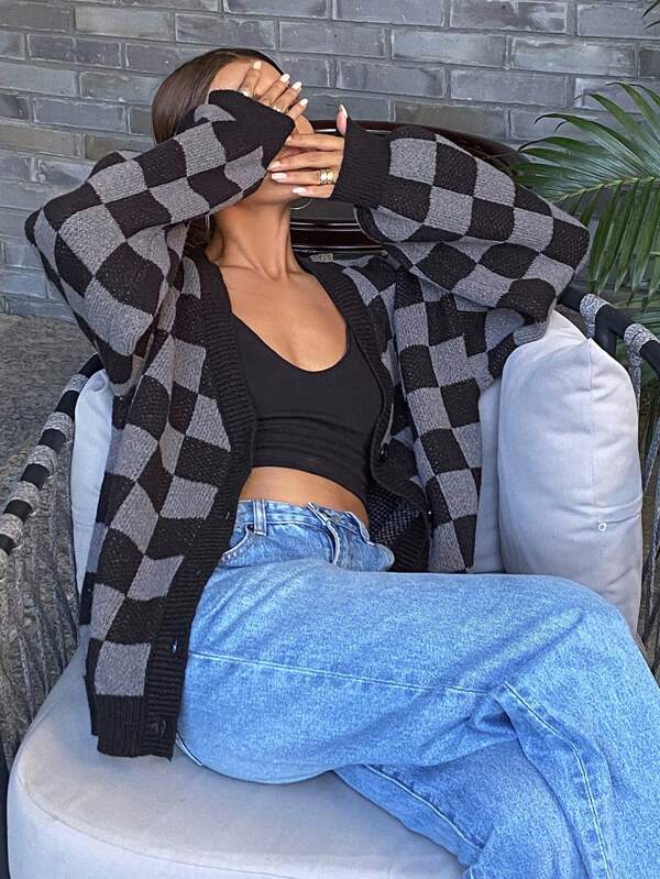 Livesso Checkerboard Pattern Casual Cardigan Sweater For Women,Long Sleeve Tops,Fall Clothes