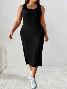 SHEIN CURVE+ 大码女式两件套：长袖印花上衣和纯色无袖连衣裙，日常休闲 - 白色 - 查看 3