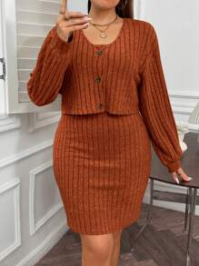 Flirla 2 件大码休闲纯色无袖连衣裙和长袖上衣套装，春季和秋季 - 橘色 - 查看 3