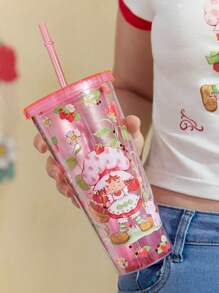 Strawberry Shortcake X SHEIN 650 Ml Cartoon Figure & Strawberry Pattern Transparent Double Layer Cup With Straw,Gift Ideas - Red - View 4