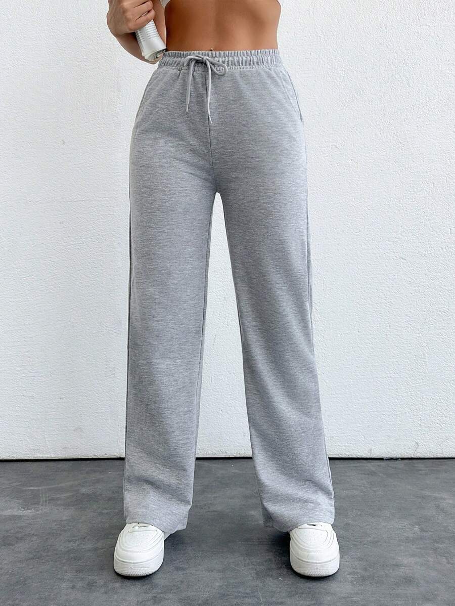 EURMUSE Solid Color Straight Leg Sweatpants - Light Grey - View 1