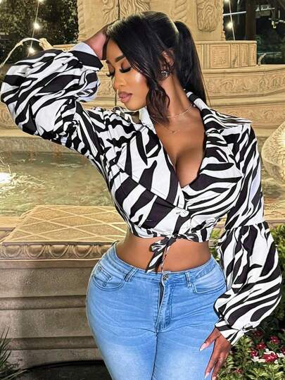 Zolique 女士服装 Sumeer 休闲干净合身黑白斑马纹裙子系带 V 领夸张灯笼袖衬衫