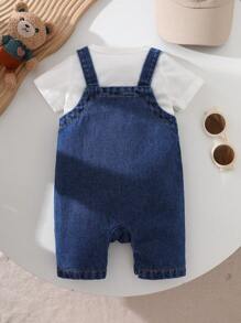 SHEIN Playful Pals Baby Boy Cartoon Bear Pocket Decor Casual Bib Shorts, Summer