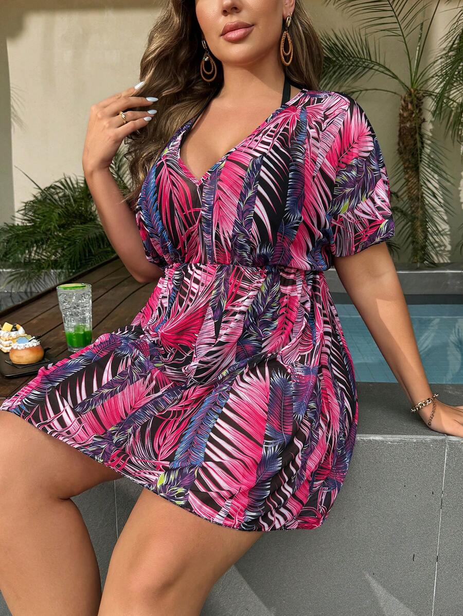 Swim Lushoire Plus Size Summer Vacation Tropical Print Coverup Dress - Hot Pink - View 1