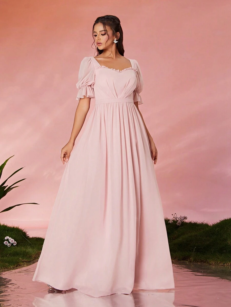 Mgiacy Sweetheart Neck Elegant Pearl Chiffon Flounced Sleeve Maxi Evening Dress, Luxury High-End,Bridesmaid Dress - 粉色 - 查看 1