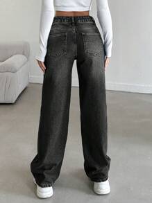 EURMUSE 低腰寬腿牛仔褲，帶口袋和鈕扣