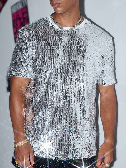AKNOTIC Business Casual 男士休闲宽松串珠短袖亮片 T 恤，适合派对、朋友聚会闪光 T 恤，夏季