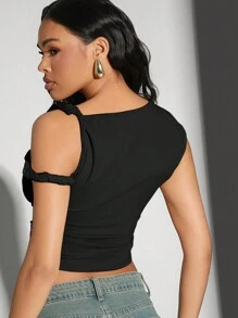 Denimoi 扭纹不对称褶饰短款上衣 - 黑色 - 查看 4