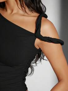 Denimoi 扭纹不对称褶饰短款上衣 - 黑色 - 查看 5