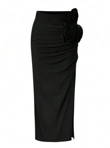SHEIN Clasi Plus Size Women's Solid Color Minimalist Everyday Midi Skirt , Black - Black - View 1