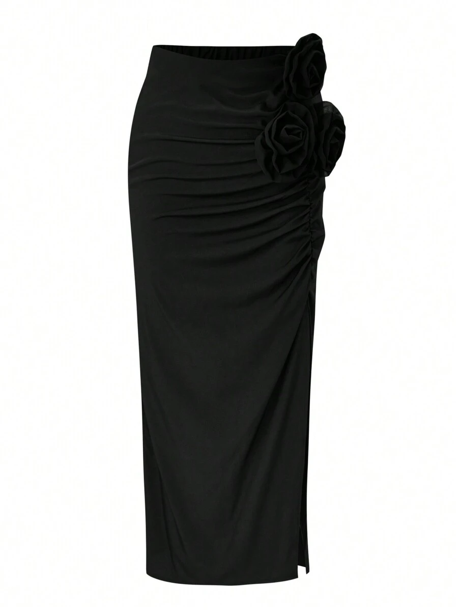 SHEIN Clasi Plus Size Women's Solid Color Minimalist Everyday Midi Skirt , Black - Black - View 1