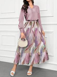 Modelyn 2 chiếc áo dài tay có cổ chữ V màu trơn và bộ váy in họa tiết toàn thân dành cho nữ - Nhiều màu - Xem 4