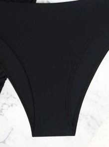 SHEIN Swim Conjunto de vestido de baño y traje de baño triangular con espalda descubierta y fruncido, unicolor, para vacaciones, para mujer en verano - Negro - Ver 4