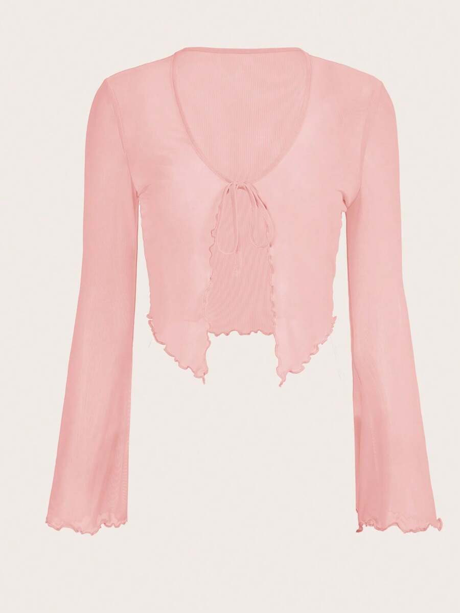 SHEIN ICON Women's Spring And Summer Solid Pink Long Sleeve Front Tie Long Sleeve Top - Dusty Pink - View 1