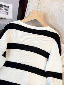 青少年女孩宽松休闲简约舒适条纹中长开衫 - 黑與白 - 查看 6