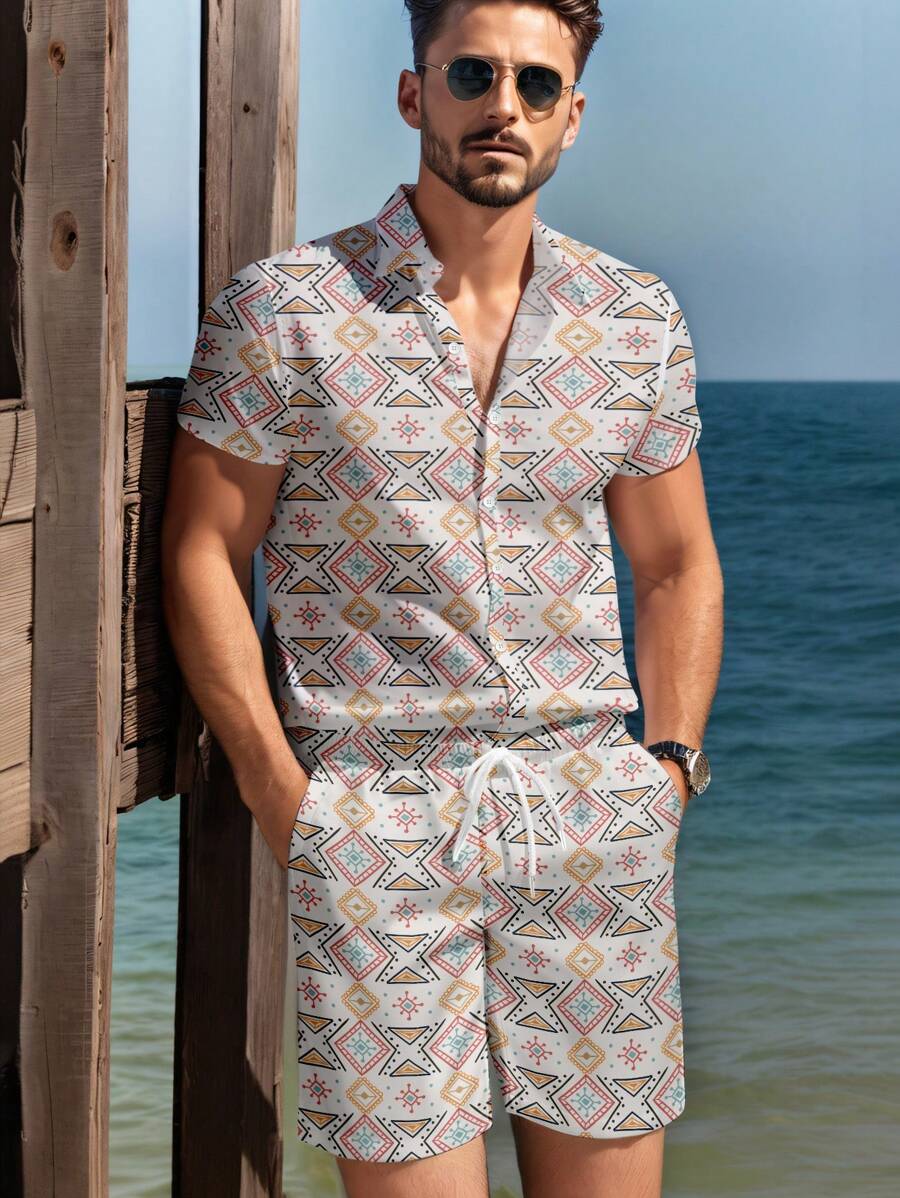 Manfinity RSRT Men Summer Allover Print Button-Front Short-Sleeve Shirt And Shorts Casual Set - White - View 1