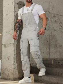 Manfinity LEGND Men's Spring And Summer Casual Solid Color Workwear Denim Overalls - Grey - View 6
