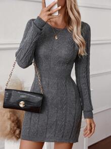 Chiquease Vestido de punto de cuello redondo de manga larga en color gris para otoño - Gris Oscuro - Ver 3