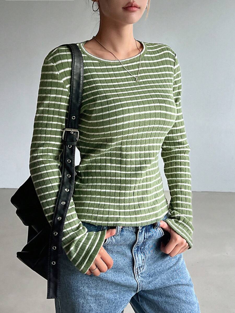 DAZY Women's Casual Striped Thermal Lined Warm T-Shirt, Autumn/Winter,Back To School Clothes Long Sleeve Women Tops,Fall Women Clothes - Army Green - View 1
