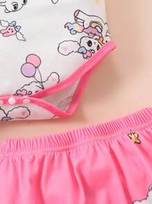 1set Baby Girl Adorable Pattern Print Bodysuit With Diaper Cover, Summer Outfit - Multicolor - View 3