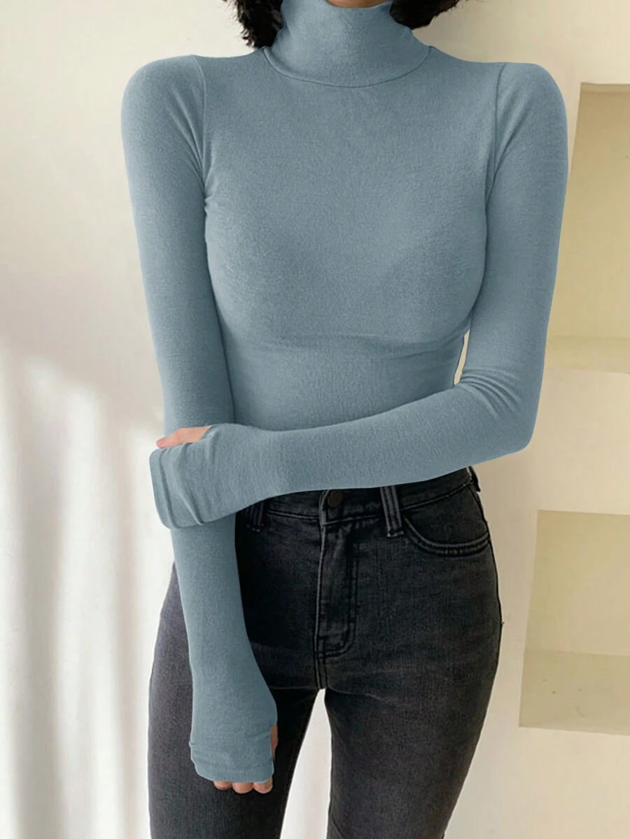 DAZY Women's Turtleneck Long Sleeve Fitted Elegant Gentle Elegant Solid Simple T-Shirt,Fall Women Clothes - Blue - View 1