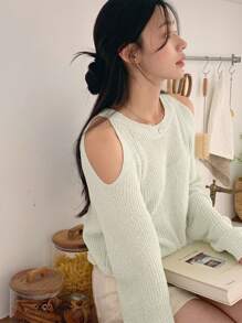 DAZY 女式纯色露肩毛衣上衣，秋季服装 - 綠色 - 查看 4
