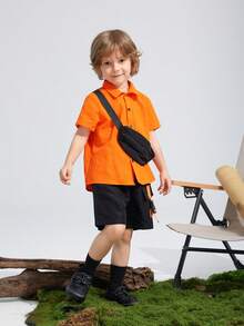 SHEIN 3 chiếc Áo sơ mi cổ bẻ tay ngắn thoải mái, thời trang, đơn giản, thiết thực, đa năng, thoáng khí, ngắn tay, quần short đen có túi tiện ích và bộ túi đeo chéo, thích hợp mặc hàng ngày, đi học, du lịch, thể thao, xuân hè - trái cam - Xem 4