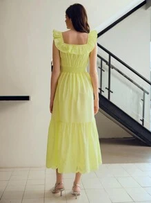 MOTF STUDIO SOLID SQUARE NECK RUFFLE TRIM RUCHED BODICE SCHIFFY HEM DRESS WITHOUT BELT - Yellow - View 6