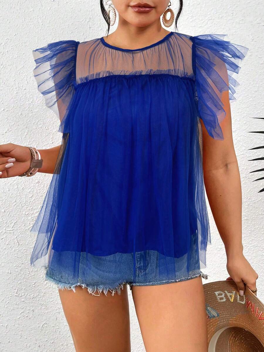 Celure Áo sơ mi có mũ lưới màu trơn thông thường cỡ lớn - Xanh đậm - Xem 1