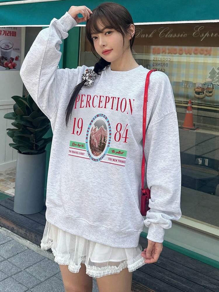 Women Pattern Print Fleece Loose Fit Crewneck Sweatshirt, Autumn,Fall Women Clothes,Winter