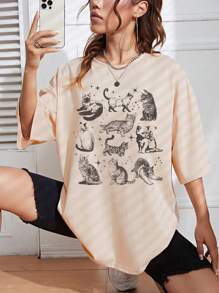 INAWLY Áo thun tay rộng, áo sơ mi mèo cổ điển, áo thun nhiều màu sắc thoải mái, quà tặng cho những người yêu mèo, áo thun họa tiết - Màu be - Xem 4