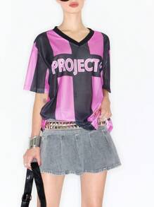 MUSERA Y2K V Neck Striped Jersey T-Shirt Casual Summer Fall