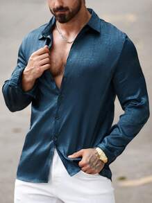 Manfinity Homme Men's Solid Color Single-Breasted Casual Everyday Shirt,Long Sleeve Shirts,Fall Men Clothes,Green Shirt - Dark Green - View 1