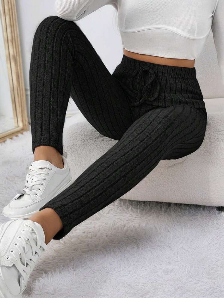 SHEIN Frenchy Solid Color Knit Rib Elastic Waist Leggings For