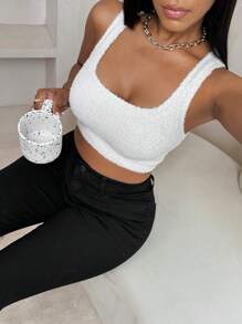 Zolique Casual Fuzzy Cropped Tank Top, Spring & Autumn - White - View 4