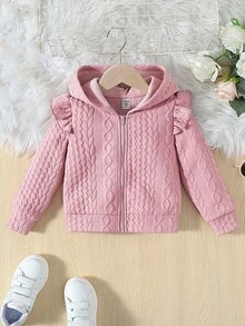 Tween Girl Loose Casual Jacquard Knit Hooded Ruffle Trim Cardigan - Pink - View 5