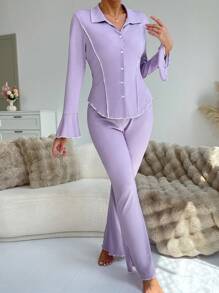 弧形下摆腰身设计翻领喇叭袖上衣和长裤女士家居服休闲套装舒适保暖，秋冬服装 - 紫色 - 查看 6