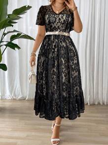 DreamSkyne Plus Size Elegant Lace Dress, Summer Maxi Women Outfit - Black - View 7