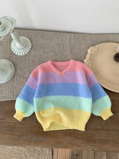 SHEIN LMoss Kids LMoss 女婴圆领彩色条纹休闲毛衣，秋冬季时尚户外针织衫