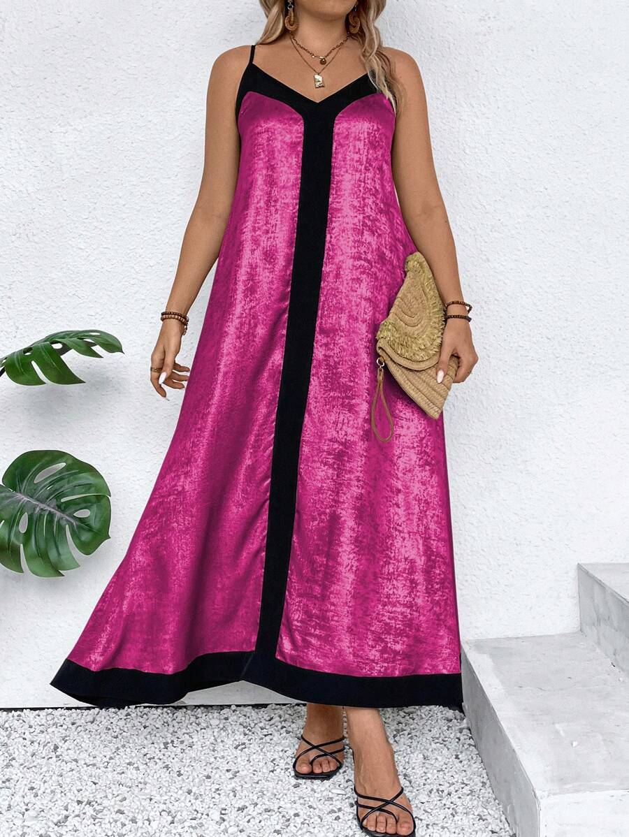 SHEIN Unity 大码撞色细肩带露背柔软优雅色块拼布连衣裙 - 彩色 - 查看 1