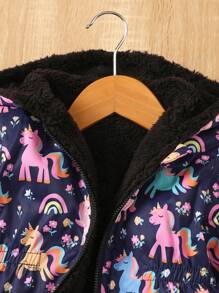 2pcs Baby Girls Furry Unicorn Print Casual Outfit, Thicked Warm Jacket & Pants Set, Winter - Multicolor - View 6