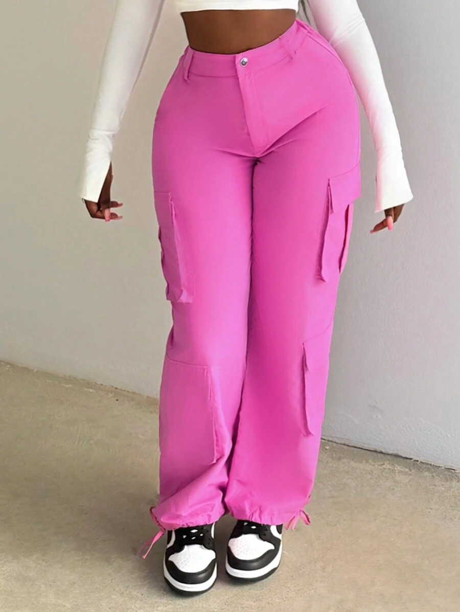 Slaydiva Women's Fuchsia Street Style Multi-Pocket Cargo Pants - Pink - View 1