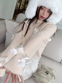 DAZY 女式蝴蝶结休闲短款毛衣秋季 - 米色 - 查看 2