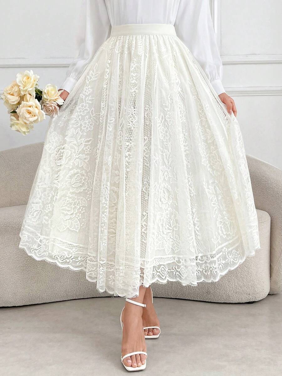 Graceveil Chân váy ren xếp tầng màu trơn thanh lịch, thích hợp cho mùa hè và mùa thu. - Màu be - Xem 1