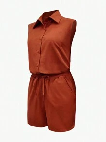 SHEIN 2 件套女士纯色前排纽扣衬衫和打结短裤休闲夏季套装 - 紅木色 - 查看 3