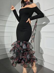 Modelyn 女式花卉撞色网眼露肩长袖修身连衣裙，搭配鱼尾下摆长款晚礼服